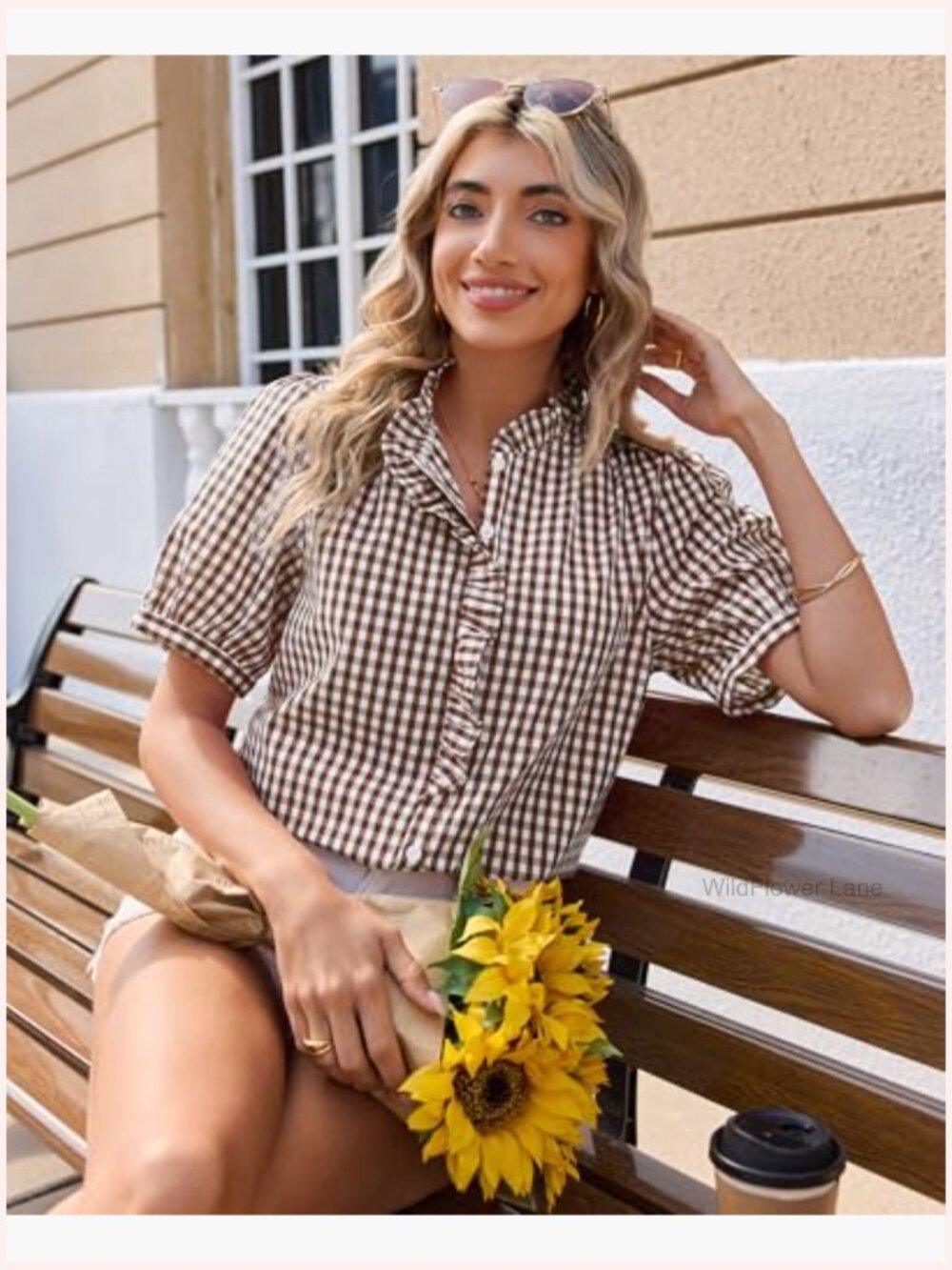 Women's Plaid Short Sleeve Button Down Ruffle V-Neck Blouse - Picture 3 of 6